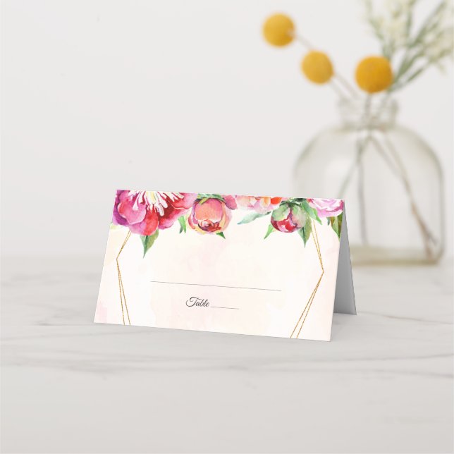 Modern Geometric Coral Peonies Floral Wedding Place Card (Front)