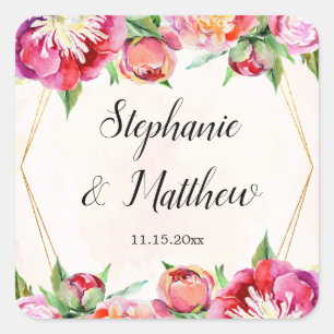 Modern Geometric Coral Peony Floral Wedding Square Sticker