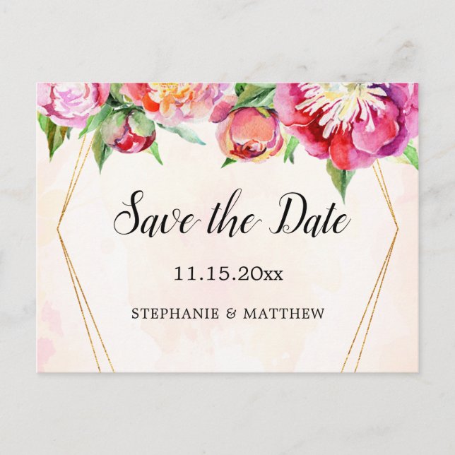 Modern Geometric Coral Peony Wedding Save The Date Announcement Postcard (Front)