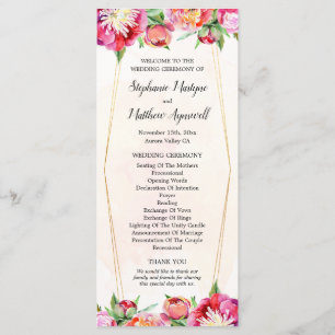 Modern Geometric Coral Red Peony Wedding Ceremony Program