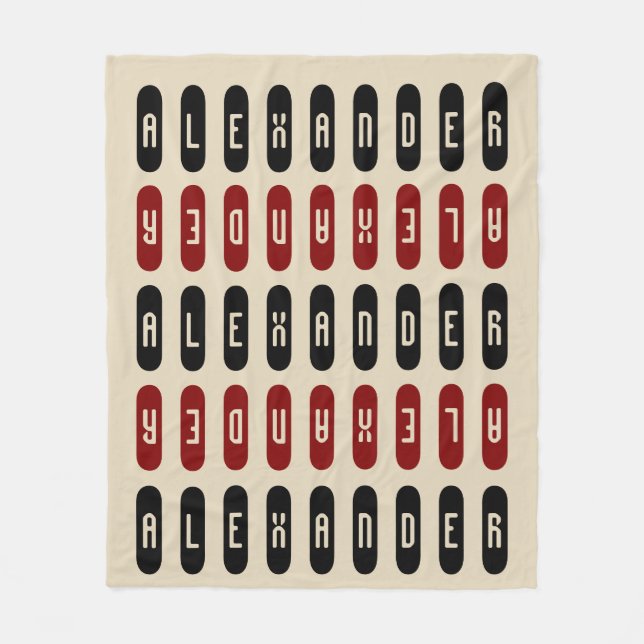 Modern Geometric Cream Black Red Custom Name Fleece Blanket (Front)