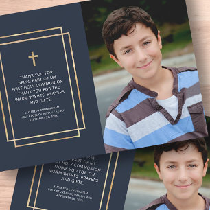 Modern Geometric Cross Photo Communion Thank You Card