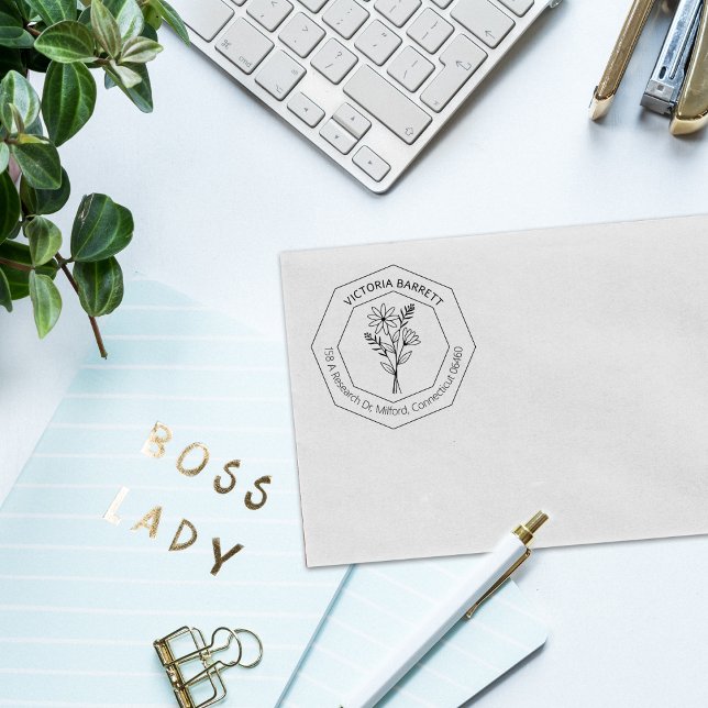 Modern Geometric Daisy Custom Name Return Address Rubber Stamp (Creator Uploaded)