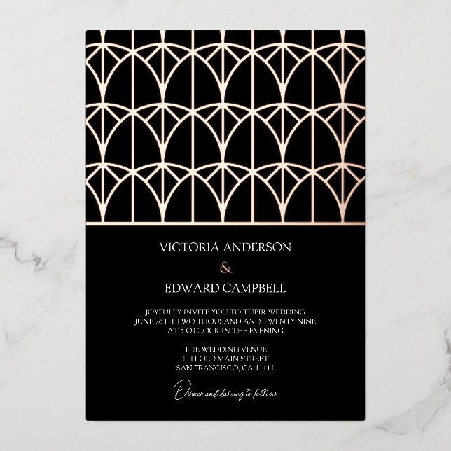 Modern Geometric Deco Black Real Rose Gold Wedding (Front)