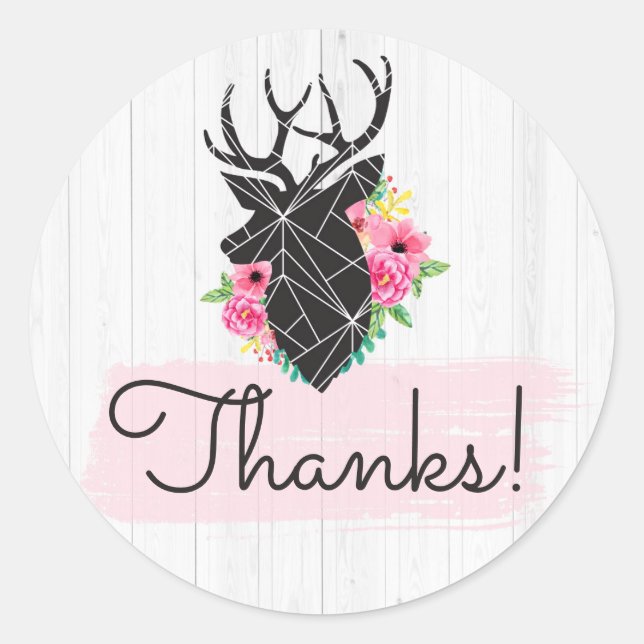 Modern Geometric Deer Antlers & Roses Thank You Classic Round Sticker (Front)
