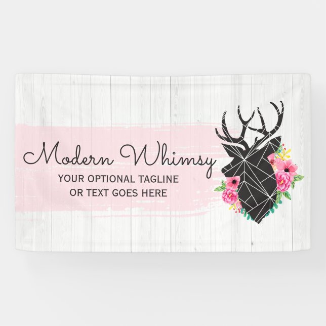 Modern Geometric Deer & Shabby Roses Rustic Wood Banner (Horizontal)