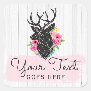 Modern Geometric Deer & Shabby Roses Rustic Wood Square Sticker