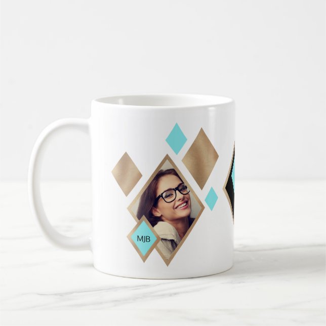 Modern Geometric Diamonds 2-Photo and Monogram Coffee Mug (Left)