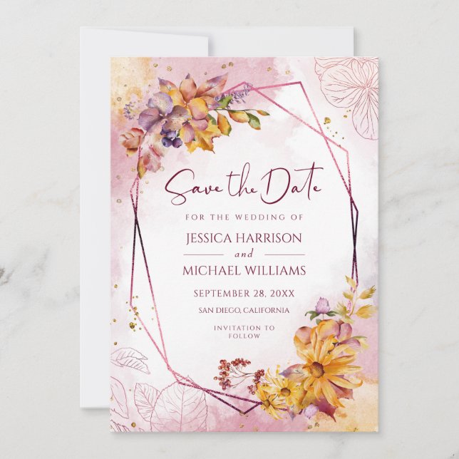 Modern Geometric Fall Leaves Burgundy Calligraphy Save The Date (Front)