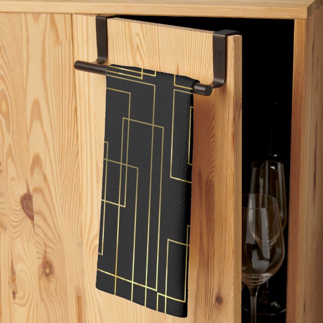 Modern Geometric Faux Gold Labyrinth On black Kitchen Towel (Thirds Fold)