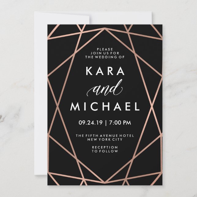 Modern Geometric Faux Rose Gold on Black Wedding Invitation (Front)