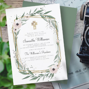 Modern Geometric Floral Cross Baptism Invitation