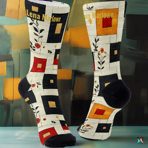 Modern Geometric Floral – Custom Beige and Red Socks