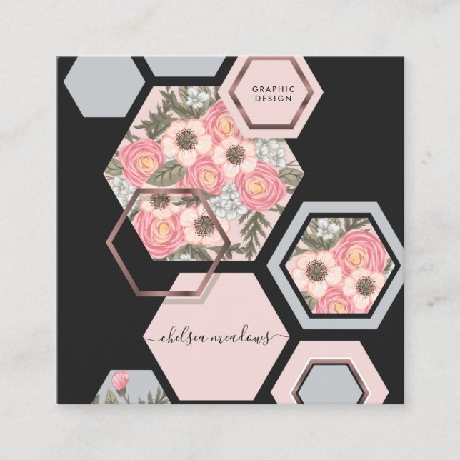 Modern Geometric Floral | Honey Comb Square Square Business Card (Front)
