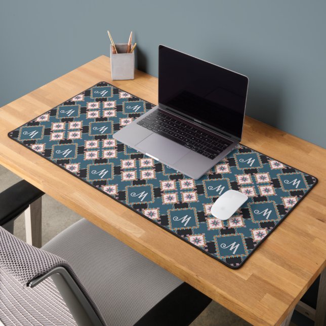 Modern Geometric Floral Monogram Flower Pattern Desk Mat (Office 2)