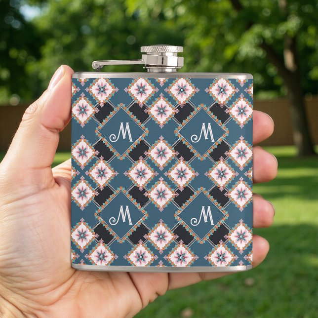 Modern Geometric Floral Monogram Flower Pattern Hip Flask (Creator Uploaded)
