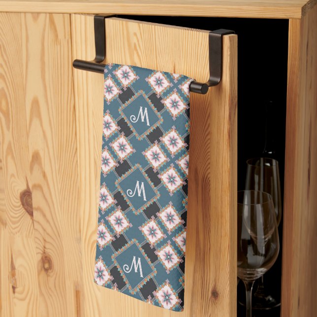 Modern Geometric Floral Monogram Flower Pattern Kitchen Towel (Thirds Fold)
