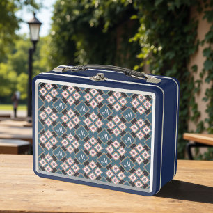 Modern Geometric Floral Monogram Flower Pattern Metal Lunch Box