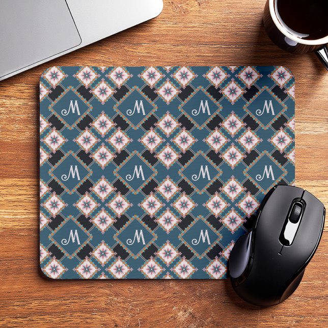 Modern Geometric Floral Monogram Flower Pattern Mouse Pad (Creator Uploaded)