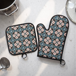 Modern Geometric Floral Monogram Flower Pattern Oven Mitt & Pot Holder Set