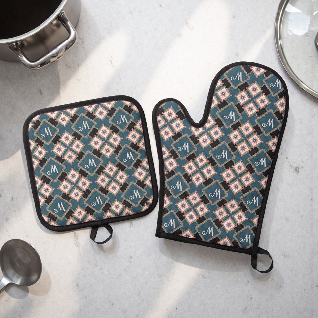 Modern Geometric Floral Monogram Flower Pattern Oven Mitt & Pot Holder Set (Creator Uploaded)