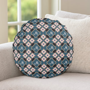 Modern Geometric Floral Monogram Flower Pattern Round Pillow