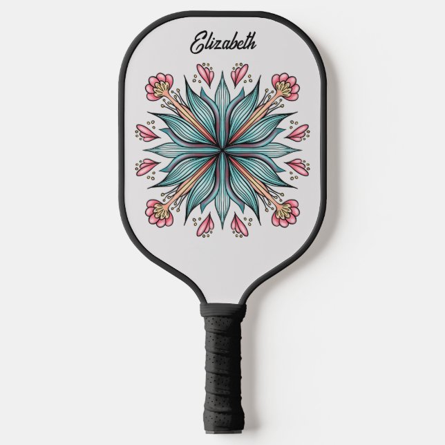 Modern Geometric Floral Typography - Blue Pink Pickleball Paddle (Front)
