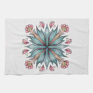 Modern Geometric Flower - Blue Pink Yellow Bloom Kitchen Towel