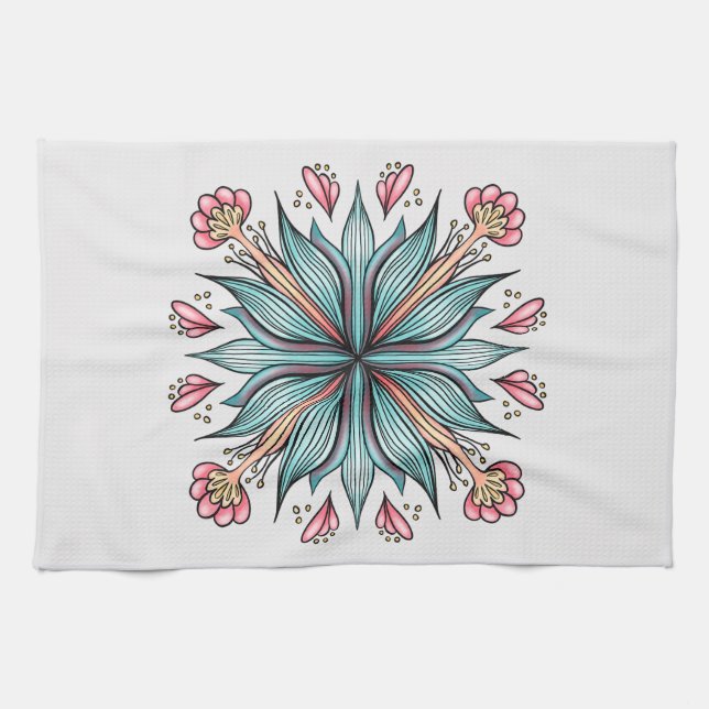 Modern Geometric Flower - Blue Pink Yellow Bloom Kitchen Towel (Horizontal)