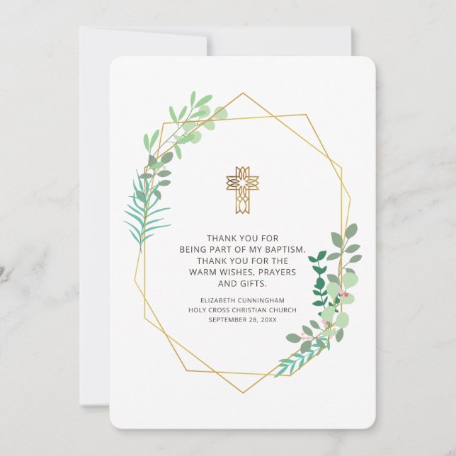 Modern Geometric Foliage Baptism Thank You (Front)