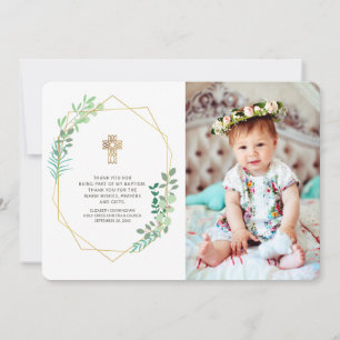 Modern Geometric Foliage Photo Baptism Thank You Card