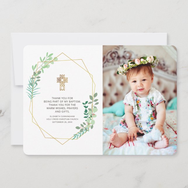 Modern Geometric Foliage Photo Baptism Thank You Card (Front)