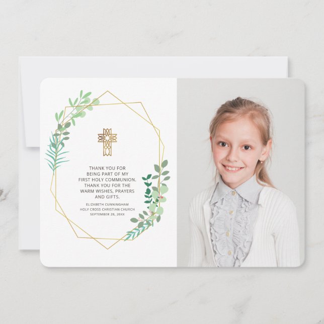 Modern Geometric Foliage Photo Communion Thank You (Front)