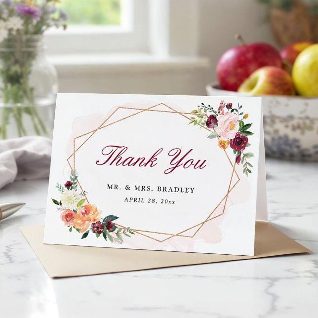 Modern Geometric Frame Chic Floral Thank You Card (Creator Uploaded)
