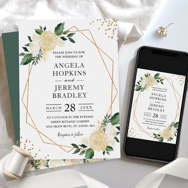 Modern Geometric Frame Nature Green Floral Wedding Invitation (Creator Uploaded)