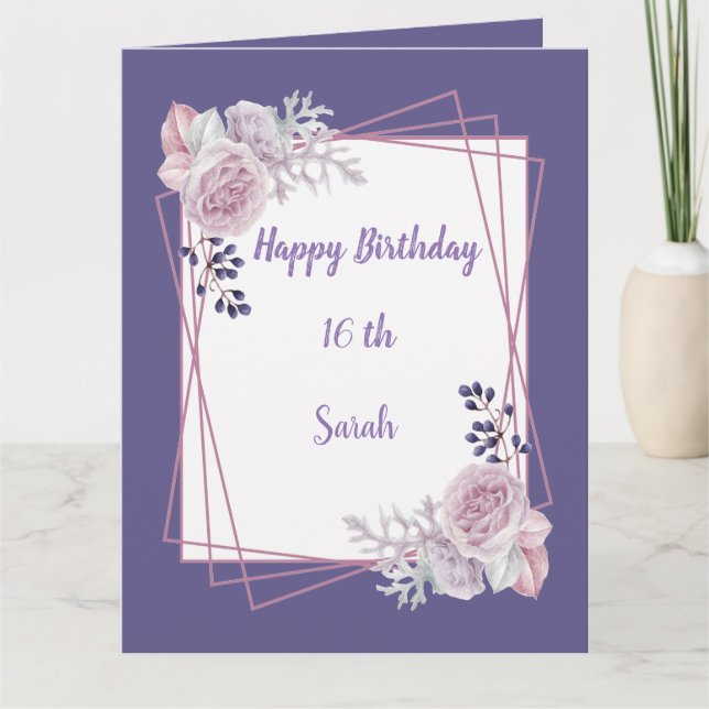 Modern Geometric Frame purple Flora  Birthday card (Front)