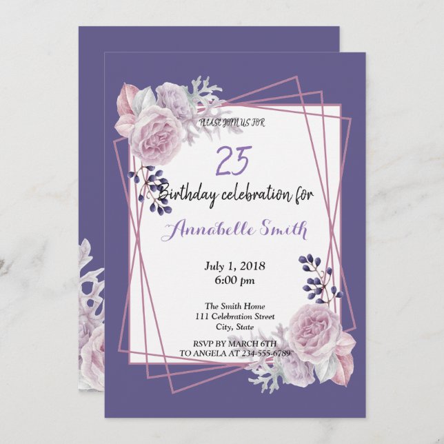 Modern Geometric Frame purple Floral  Birthday Invitation (Front/Back)
