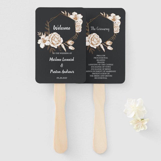 Modern Geometric Frame white floral Wedding Progra Hand Fan (Front and Back)
