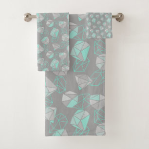 Modern Geometric Gems Pattern Grey & Aqua Bath Towel Set