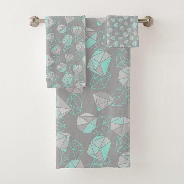 Modern Geometric Gems Pattern Grey & Aqua  Bath Towel Set (Insitu)