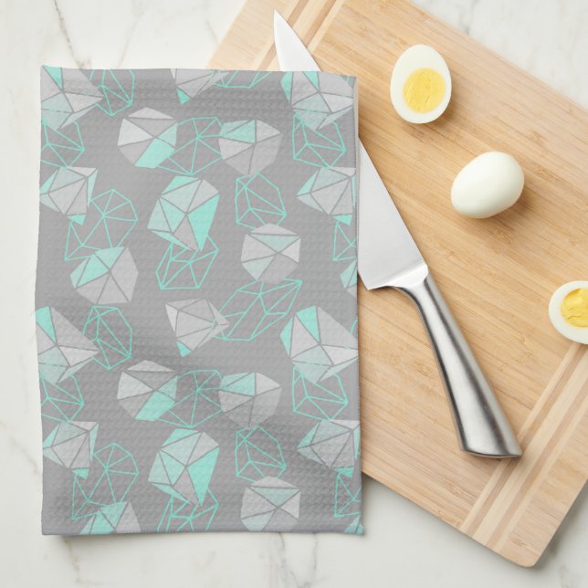 Modern Geometric Gems Pattern Grey & Aqua  Kitchen Towel (Quarter Fold)