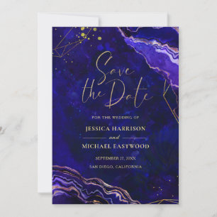 Modern Geometric Geode Blue Purple Rose Gold Agate Save The Date