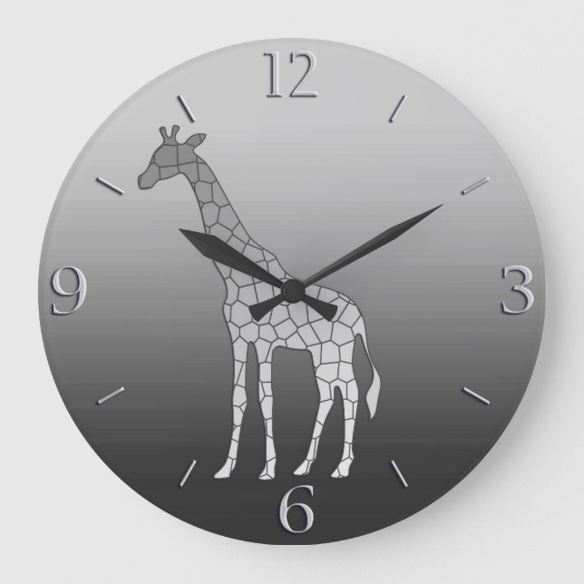 Modern Geometric Giraffe Silver Grey / Grey Large Clock (Front)
