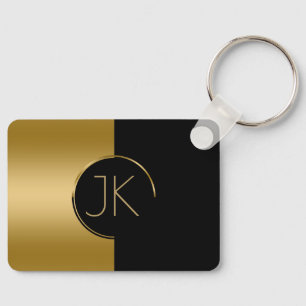 Modern Geometric Gold & Black Design Monogram Keychain