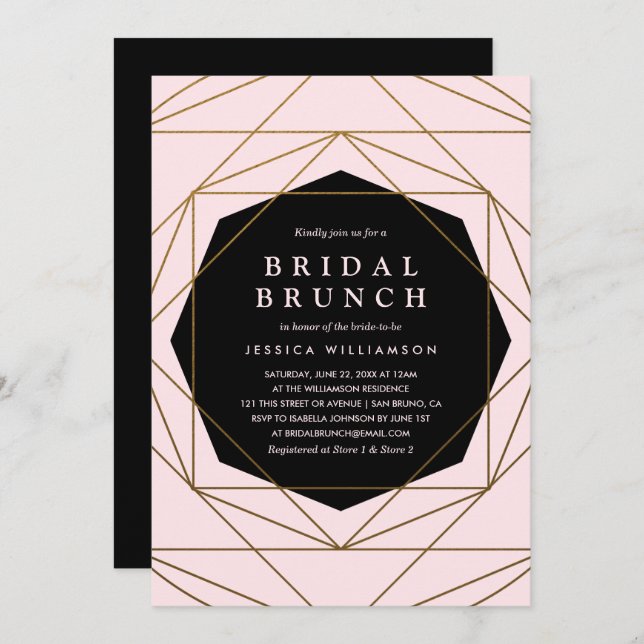 Modern Geometric Gold, Blush & Black Bridal Brunch Invitation (Front/Back)