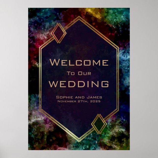 Modern Geometric Gold Border Wedding Welcome Poster (Front)
