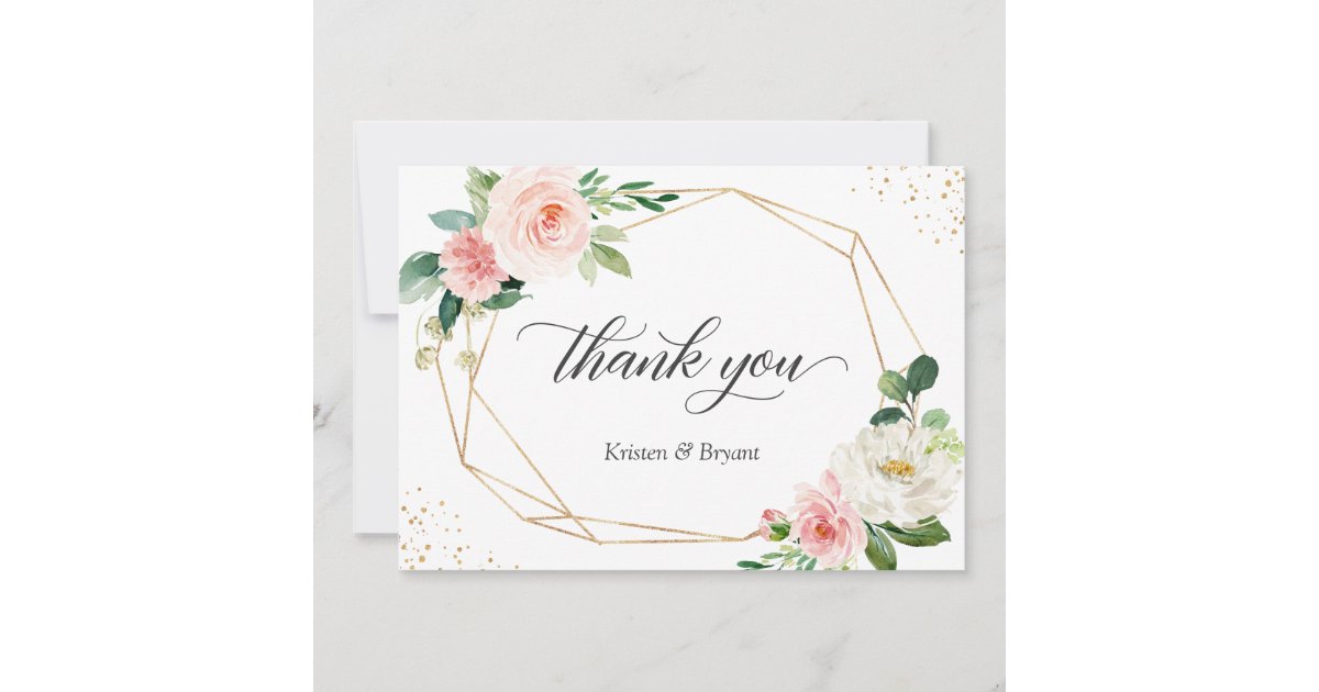 Modern Geometric Gold Frame Blush Floral Wedding Thank You Card | Zazzle