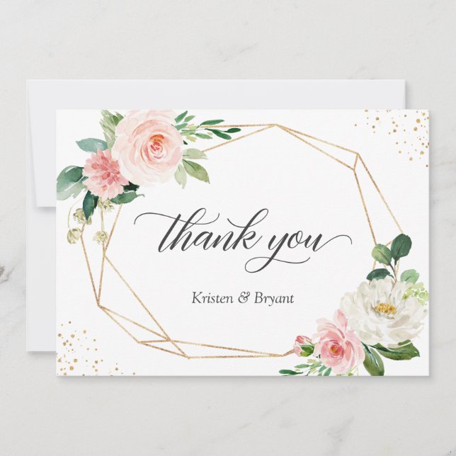 Modern Geometric Gold Frame Blush Floral Wedding Thank You Card (Front)