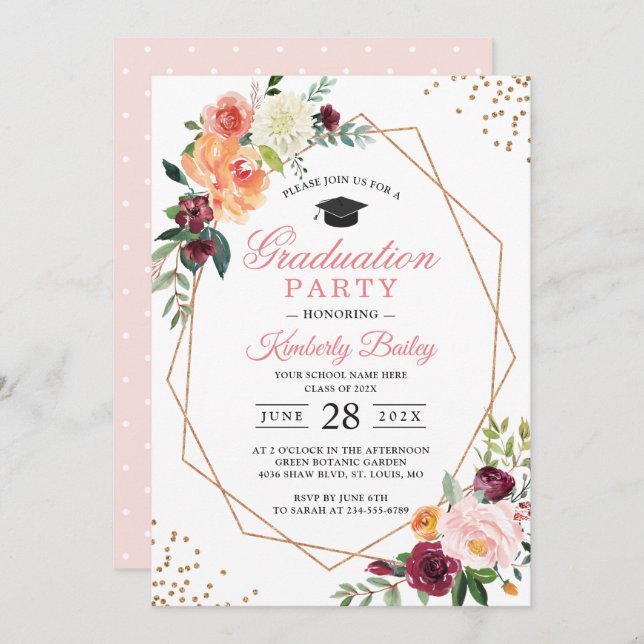 Modern Geometric Gold Frame Chic Floral Graduation Invitation (Front/Back)