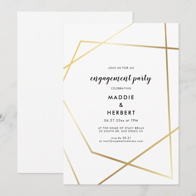 Modern geometric gold frame engagement party invitation (Front/Back)